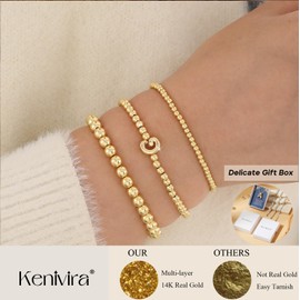 Kenivira Gold Beaded Bracelets for Women, Stackable Gold Initial Bracelets for Women Non Tarnish, 14K Real Gold Plated Stretch Bead Ball Waterproof Bracelet with Letter J Bracelets