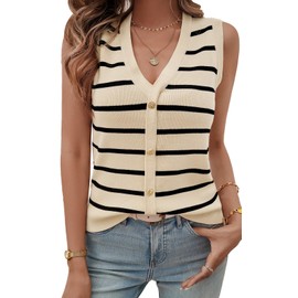 Women's Sweater Vest Sleeveless Striped V Neck Knit Tank Tops Button Front Cropped Vests 2025 Trendy, Apricot M