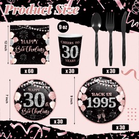 Ninehaoou 240 Pcs 30th Birthday Decorations Birthday Party Tableware Include Plates Napkins 9oz Cups Cutlery Anniversary Dinnerware Party Supplies for Men Women Him Her, Serve 30 Guests (Black Pink)