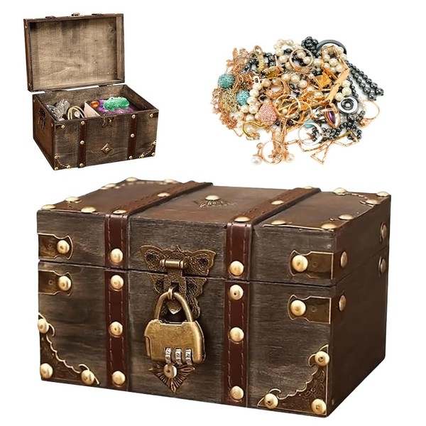 Abiemuce Vintage Wooden Treasure Chest with Lock, Treasure Chest with Combination Lock, Wooden Storage Treasure Chest, Treasure Chest with Lock for Storing and Decorating Gifts