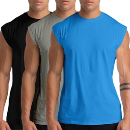 Holure 3 Pack Men's Gym Tank Tops Workout Sleeveless T-Shirts Athletic Muscle Tank Training Bodybuilding Shirts Black/Grey/Blue-3P08-XL