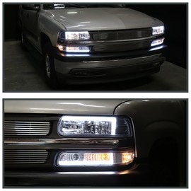 Spec-D Tuning LED Bar Chrome Housing Clear Lens Headlights + Bumper Lights 4PC Compatible with 1999-2002 Chevy Silverado 2000-2006 Tahoe Suburban Left + Right Pair Headlamps Assembly