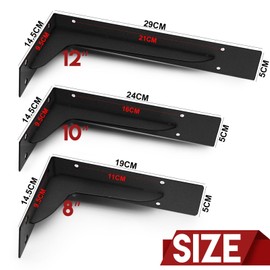 Heavy Duty Wall Shelf Brackets – 2 Pack Industrial 12 Inch L-Shaped Black Iron Shelf Supports with Fixings – Metal Brackets for Workbench, Garage Shelving, Tool Storage, Long Floating Shelf Boards