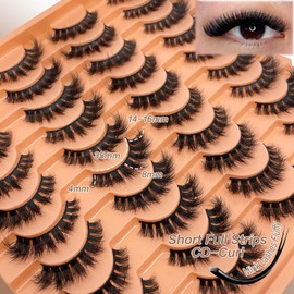 SISIYDY Fluffy Lashes Mink 3D Cat Eye Dramatic Thick Volume EyeLashes Wispy 16mm Full Lash Strips Faux Mink Eye Lashes C Curl Short Cat Eyelahses Pack YH302