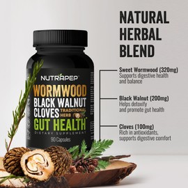 NutraPep Wormwood Black Walnut Clove Capsules - Natural Detox Gut Cleanse - Digestive Health & Intestinal Support - Advanced Wormwood Combination Walnut Herb Extract Supplement for Adults