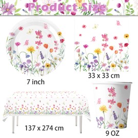 Spring Flower Party Tableware, Floral Party Tableware, Wildflower Party Tableware, 61 Pieces with Plates, Cups, Napkins and Tablecloths for a Birthday Party for 20 People