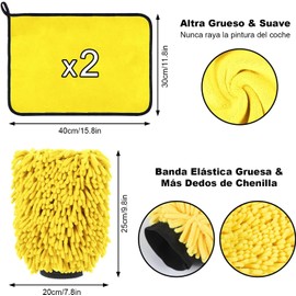 DASKING Kit Limpieza Coche, Guante y Toallas de Microfibra Premium de Lavado Coche, 2PCS Toallas (30 * 40cm) y 1PC Guante para la Limpieza de vehículo, Juego de Limpieza para Automóviles,Amarillo
