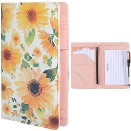 CREATCABIN Clipboards Leather Padfolio Portfolio Organizer Portfolio Folder Binder Storage Clipboard with 5 Pockets Notepad Elastic Pen Loop for Business Conference Ordering 7.8x4.9 Inch Sunflower