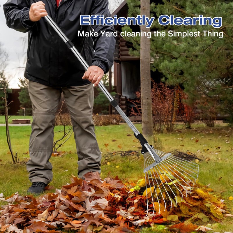 PEAKCLOUDS Adjustable Metal-Leaf Rake with Telescopic Handle - Lawn &