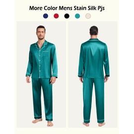YOPUGEE Mens Satin Pajamas Set Long Sleeve Button-Down Pj Set Lightweight Sleepwear Loungewear for Holiday, Green-XXL