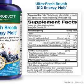 Purity Products Ultra Fresh Breath B12 Energy Melts C 1000 mcg Methylcobalamin + Probiotics, Zinc, D3 & Biotin C Supports Energy, Immunity, Digestive Comfort & Oral Health - Mint Flavor Chewable Tablets C 60 Count