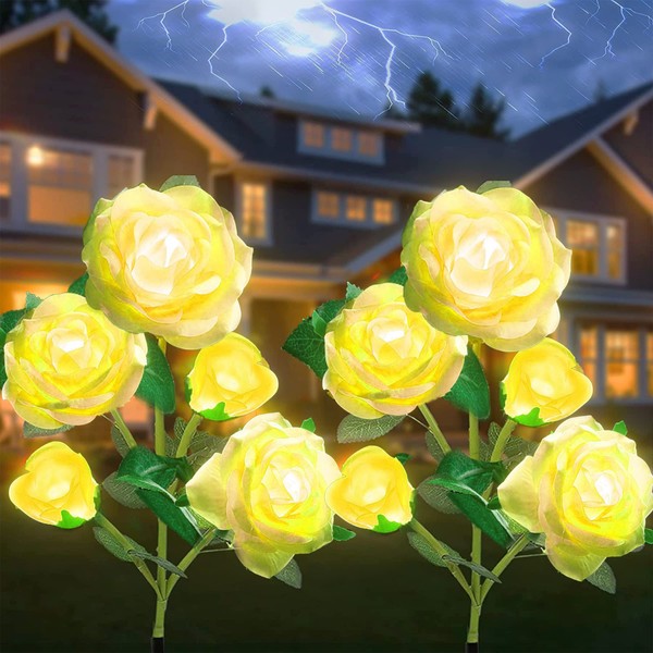 SmilingTown Solar Flowers Garden Lights Outdoor Waterproof [Updated] 2 Packs 10 Yellow Roses Solar Decorative Stake Lights for Patio Pathway Yard Lawn Decor