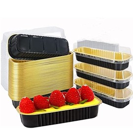 Paquete de 50 moldes desechables para hornear con tapas, moldes de aluminio de 6.5 x 2.5 x 1.2 pulgadas con tapas, mini moldes para pasteles, moldes rectangulares para magdalenas, mini moldes para hornear brownie pan (negro en dorado)