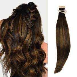 Marat Tape in Hair Extensions, Dark Brown Mixed Chestnut Brown 24 inch 50g Tape in Hair Extensions Real Human Hair Natural Straight Human Hair Tape in Hair Extensions