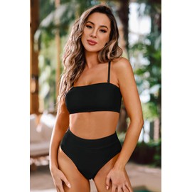Pink Queen Women's Removable Strap Pad High Waist Bikini Set Swimsuit Black L