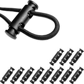 DLLM Cord Lock, Trouser String Stopper, Strong, 2 Holes, Inner Hole, 0.2 inch (4 mm), Spring Cord Stopper, Elastic Rope, Shock Cord, Paracord Shoelaces, Laces, 12 Pieces, Small Cylinder 319, Black