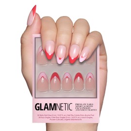 Glamnetic Heart Accent Press-On Nails - Short Almond, Reusable, 30-Piece Kit with Glue, Valentine's Love In Bloom Collection