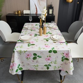 Vinyl Tablecloth with Flannel Backing - Waterproof, Oil-Proof, Easy to Clean -Plastic Table Cloth - Perfect for Dining Tables, Kitchen Tables, Parties (Beige Flowers, 54×72 Inch Rectangular)