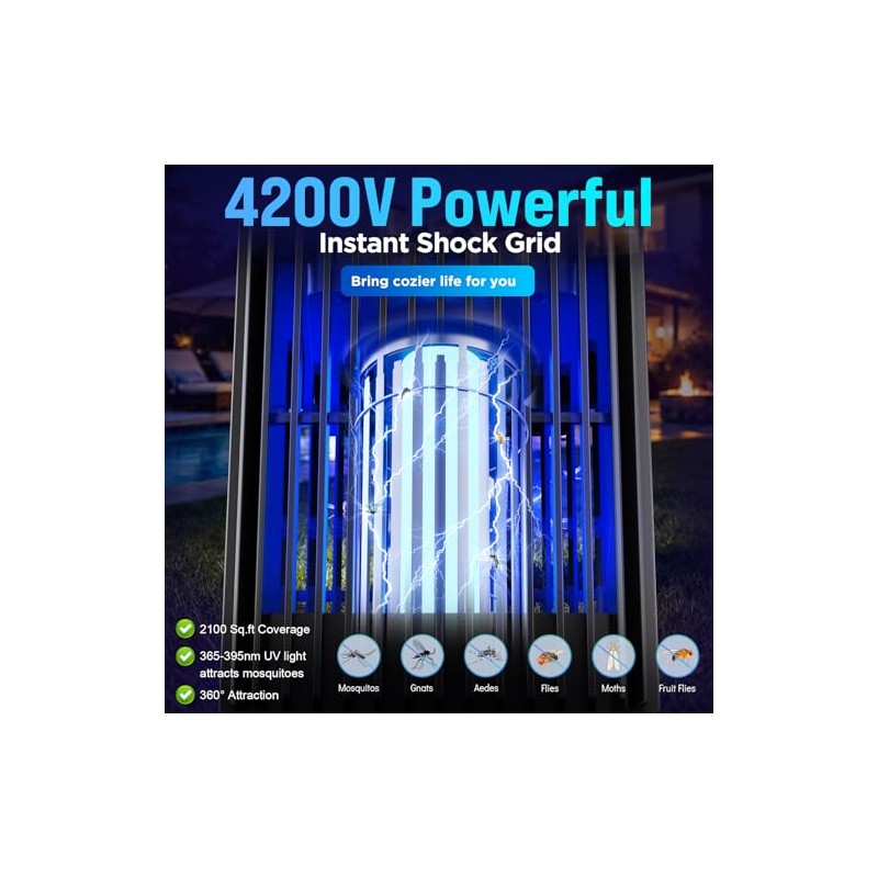 Outdoor Solar Bug Zapper-4200V Cordless Electric Mosquito Zapper with Waterproof
