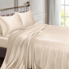 Vonty Satin Queen Bed Sheets - Silky Soft Beige Satin Sheet Set, 1 Deep Pocket Fitted + 1 Flat + 2 Pillowcases