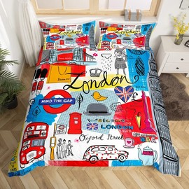 London Themed Bedding Set Red Retro Telephone Booth Duvet Cover For Kids Children Historical European Scenery Comforter Cover Famous City Scene Bedspread Cover Quilt Cover 2Pcs Single Size