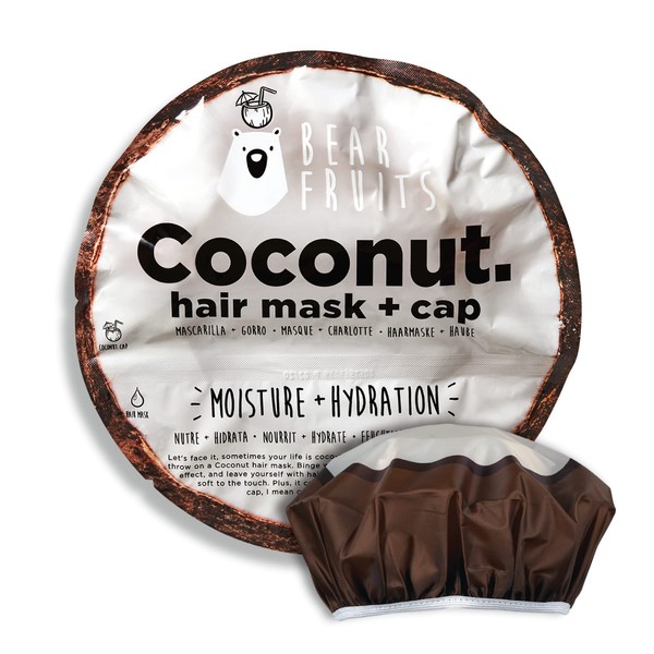 Bear Fruits Coconut Hair Mask & Reusable Shower Cap, Stocking Filler, Secret Santa Gift for Women, For Dry, Damaged Hair, 20ml, Gifts for Women / Teens