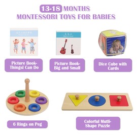 LEADER JOY Montessori Toys for 1 Year Old, 6 in 1 Learning Educational Set Wooden Toys (includes Mutli-Shape Puzzle, Simon Says Cube,Cards, Rings On Peg,Big and Small Picture Books,I Can Do Things)