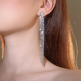 Allereya Vintage Drop Dangle Earrings Crystal Tennis Chain Dangle Earrings Long Tennis Chain Earrings Silver Rhinestone Climber Earrings Sparkle Bridal Drop Earrings Jewelry for Women and Girls