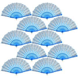 QIRMIZI 10 Pack Folding Handheld Fans,Silk Spanish Fan, Perfect for Weddings, Parties, and Dancing,Light Blue