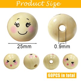 Ycaaeo Pack of 60 Wooden Beads, 25 mm, Wooden Beads with Face, Smile Face Wooden Beads, Natural Round Wooden Balls with Hole, Craft Beads for Jewellery, Bracelet, Necklace, DIY Crafts, Worry Worms