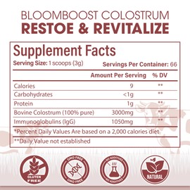 BloomBoost BloomBoost Bovine Colostrum Supplement, 3000mg per Serving, 200 Grams, Gut Health, Brain & Immune Health,Muscle Recovery & Wellness, Grass-Fed Colostrum Powder, Non-GMO, All-Natural