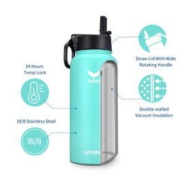 Vmini Water Bottle with New Wide Handle Straw Lid, Wide Mouth Vacuum Insulated 18/8 Stainless Steel, 32-40 oz