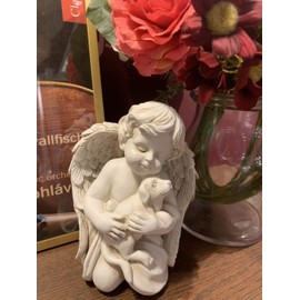 KiaoTime Angel with Dog Statue Pet Dog Memorial Statue Indoor Outdoor Home Garden Guardian Rememberance Dog Puppy Figurine, 7-in