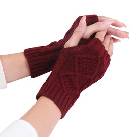 UTTPLL Womens Fingerless Gloves Winter Warm Knit Arm Warmers Mittens Soft Hand Crochet Wrist Warmers Thumb Hole Gloves Wine Red One Size