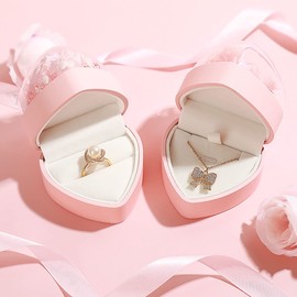 Preserved Flower Rose Pendant Box, Heart Shape Velvet Jewelry Box for Valentine's Day Mother's Day Wedding Anniversary Birthday Gift, Pink