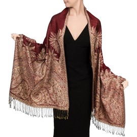 Achillea Luxurious Big Paisley Jacquard Layered Woven Pashmina Shawl Wrap Scarf Stole (Burgundy)