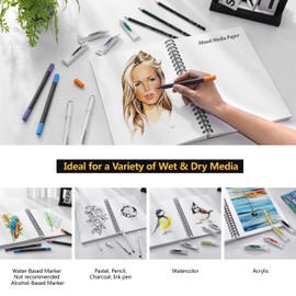 Bianyo Mixed Media Paper Sketchbook, A4 (8.26" X 11.69"), 60 Sheets/Each, 123 LB/200 GSM, Pack of 2 Pads, Spiral-Bound Pad, Ideal for Wet & Dry Media Like Marker, Watercolor, Acrylic, Pastel, Pencil