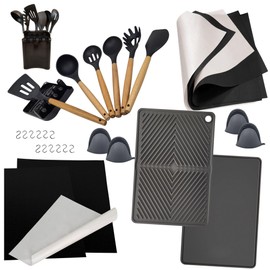 Complete Kitchen Essentials Set - Silicone & Wood Utensils, Spoon Rest, Utensils Holder, Non-Stick Baking Mats & Grilling Mats, Mini Oven Mitts, Combo Cutting Board & Dish Drying Pad