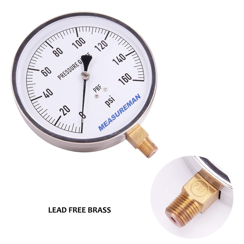 MEASUREMAN 4-1/2" Dial Size, 304 Stainless Steel Case,Drinking Water Lead-Free