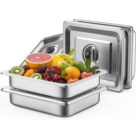 ZeroPone Hotel Pan 2.5" Deep Steam Table Pan 1/2 Size With Lid 12.8"L x 10.4"W Hotel Pan 22 Gauge Stainless Steel Anti Jam Steam Table Pan (1/2 Size, 2.5" Deep 4 Pack)