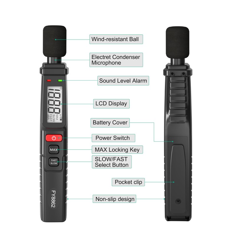 Decibel Meter,Mastfuyi Digital Sound Level Meter Portable Sound Meter 30–130