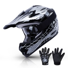 TCMT Dot Youth & Kids Motocross Offroad Street Helmet Motorcycle Youth Helmet Dirt Bike Motocross ATV Helmet+Goggles+Gloves (X-Large, Pattern:Black Skull)