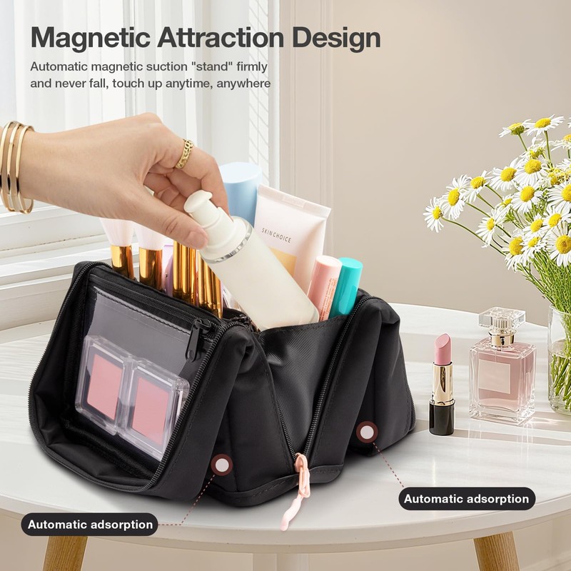 Abiudeng Stand Up Travel Makeup Bag, Small Black Waterproof Cosmetic