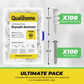 Qualihome Drywall Anchors with Screws – 200 Piece Set (100 Anchors + 100#8 x 1-1/4" Screws) | Self Drilling Drywall Anchors Heavy Duty | Wall Anchors for Drywall | Plastic Screw Anchor Kit