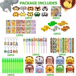 DOEA 122 PCS Jungle Safari Party Favors Set for Kids,Wild Animals Theme Party favors Birthday Gifts Masks Keychains Gift Boxs Goodie Bag Fillers Jungle Safari Party Supplies for Kids