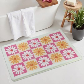 yueyaer Checkered Floral Bathroom Rug, Ultra Soft and Fluffy Microfiber Non-Slip Bath Mat, Bathtub Aesthetic Decoration(Pink 17x30in)
