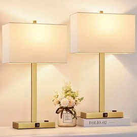 21" Touch Bedside lamps with 2 USB & AC Outlets, 3-Way Dimmable Bedside Table Lamps Set of 2 for Bedroom Living Room Office Reading, White Shade Lamps for Night Stands, 2700K LED Bulbs Included