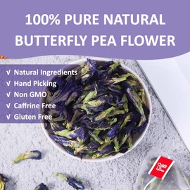 Ovikaso Tea, Butterfly Pea Flower Tea Bags, 50 Pyramid Tea Bags, 1.3g/bag, 100% Natural, Non-GMO, No Caffeine, Brew Hot or Iced tea, Baking, Cocktail, Herbal Tea