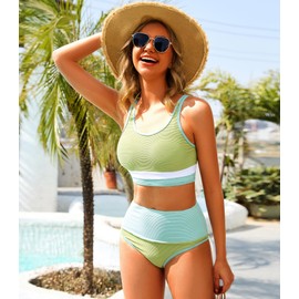 Women High Waist Bikini Set Color Block Crop Top Two Piece Swimsuits Sporty Scoop Neck Bathing Suits Geen XXL