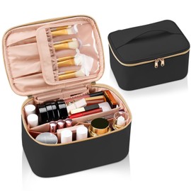 Women's Cosmetic Bag, Travel Makeup Bag, Large Make Up Bag, Organiser, Waterproof Travel Cosmetic Bag with Handle and Brush Compartment, Toiletry Bag, black, Fashions